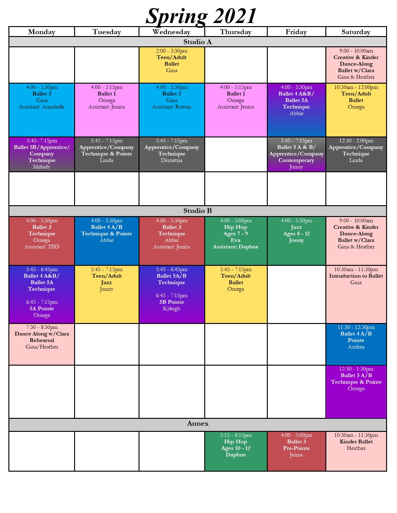SPRING CLASS SCHEDULE (revised 1/12 4pm)